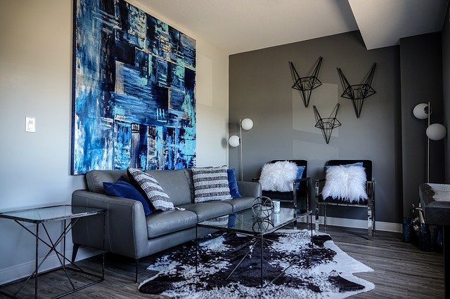 Salon moderne gris et bleu